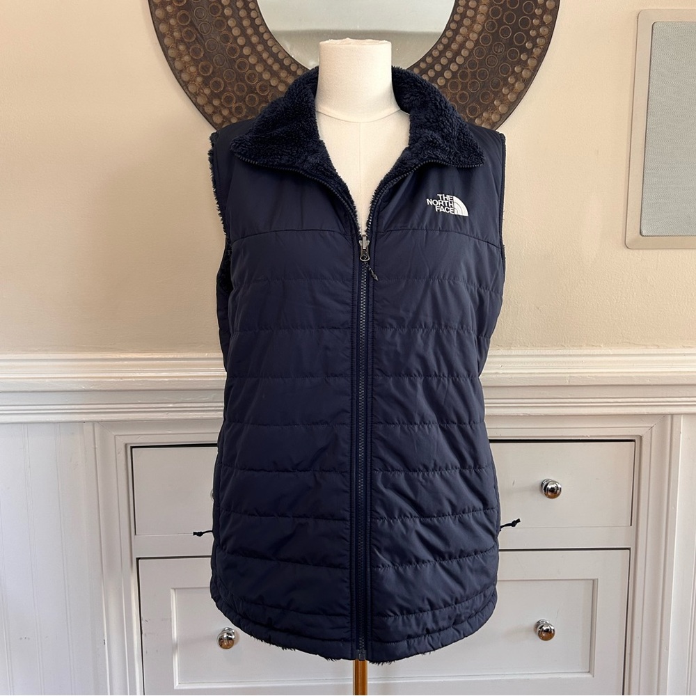 North Face Women’s Mossbud Insulated Fleece Reversible Vest Navy Blue XL - Picture 2 of 7